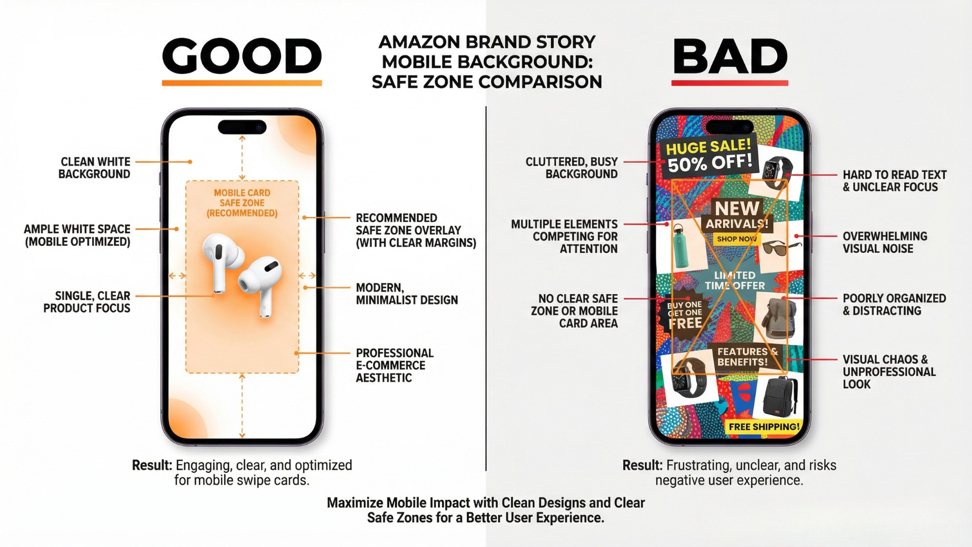 Good versus bad Amazon Brand Story background image example with a clear safe zone for cards on mobile