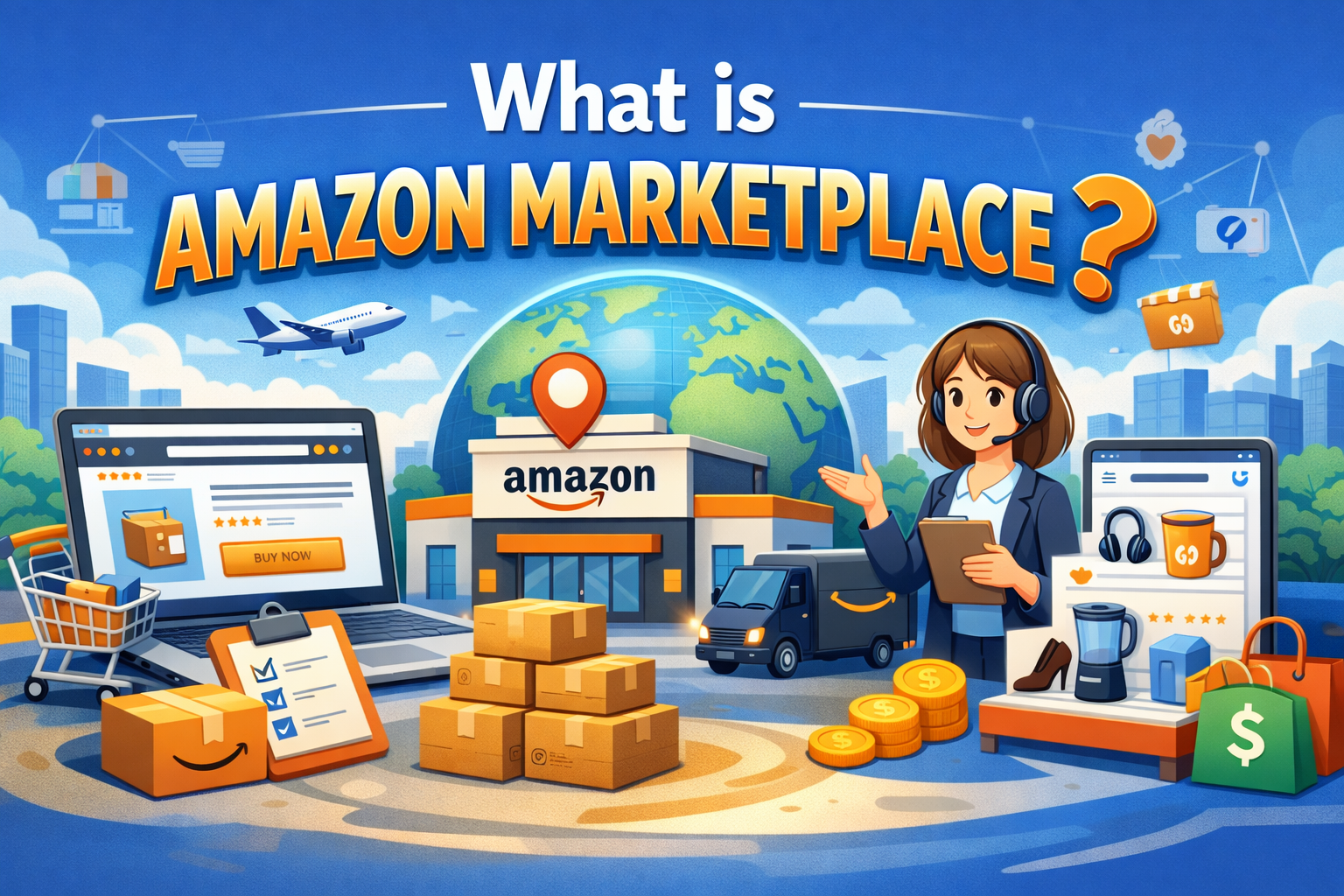 What is Amazon Marketplace illustration featuring online product listings, Amazon warehouse, global shipping, seller dashboard, and e-commerce fulfillment concept.