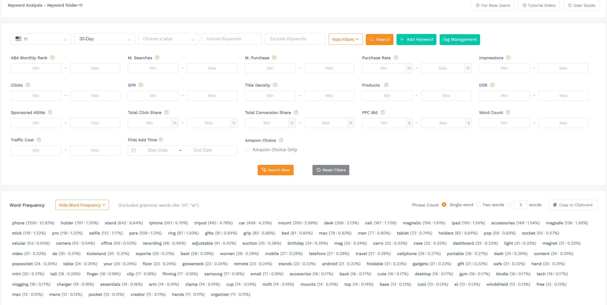 SellerSprite My Keyword List dashboard showing saved keywords with tags for Core, Secondary, PPC, and Variants