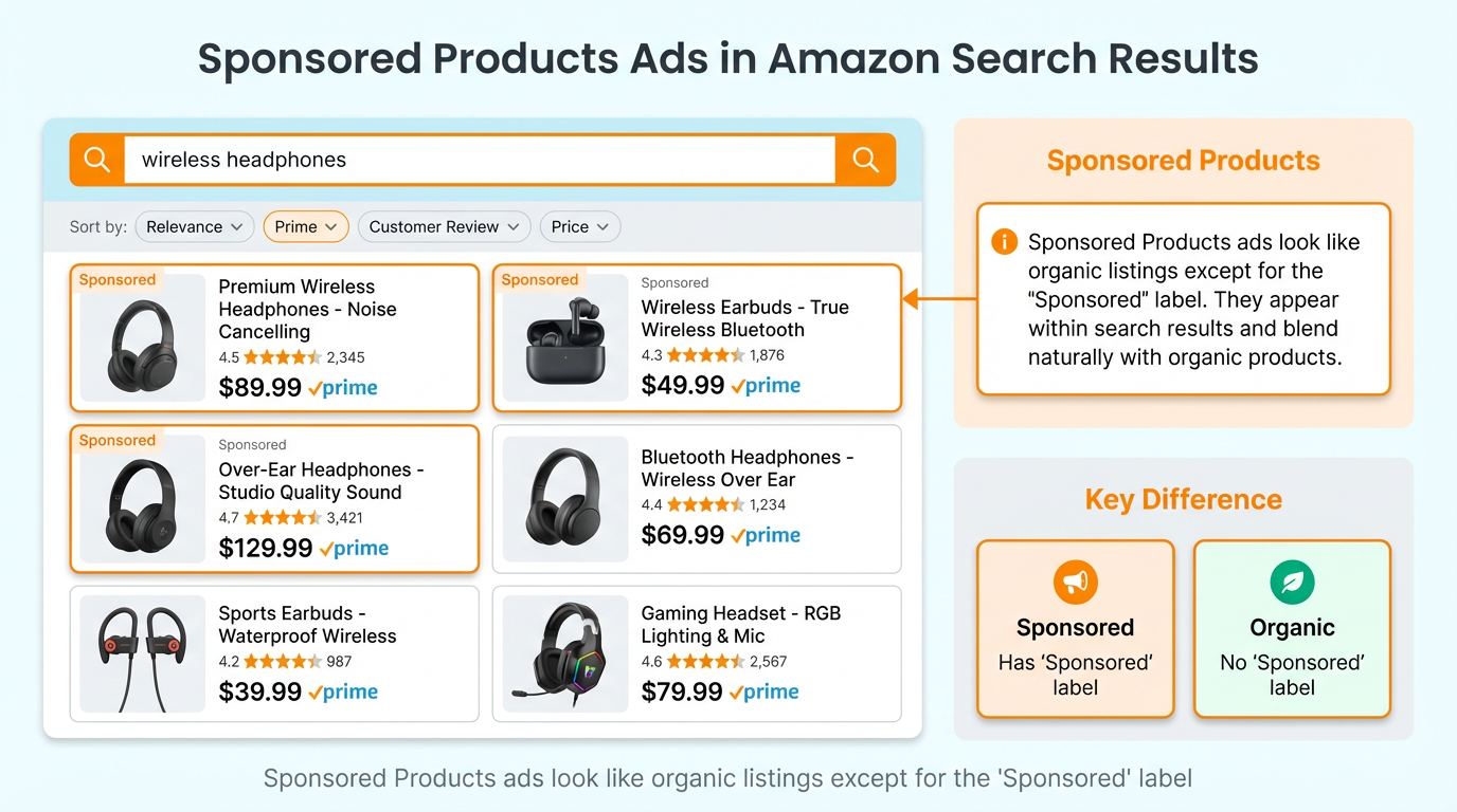 Sponsored Products ads displayed within Amazon search results that look like organic listings except for the sponsored label.