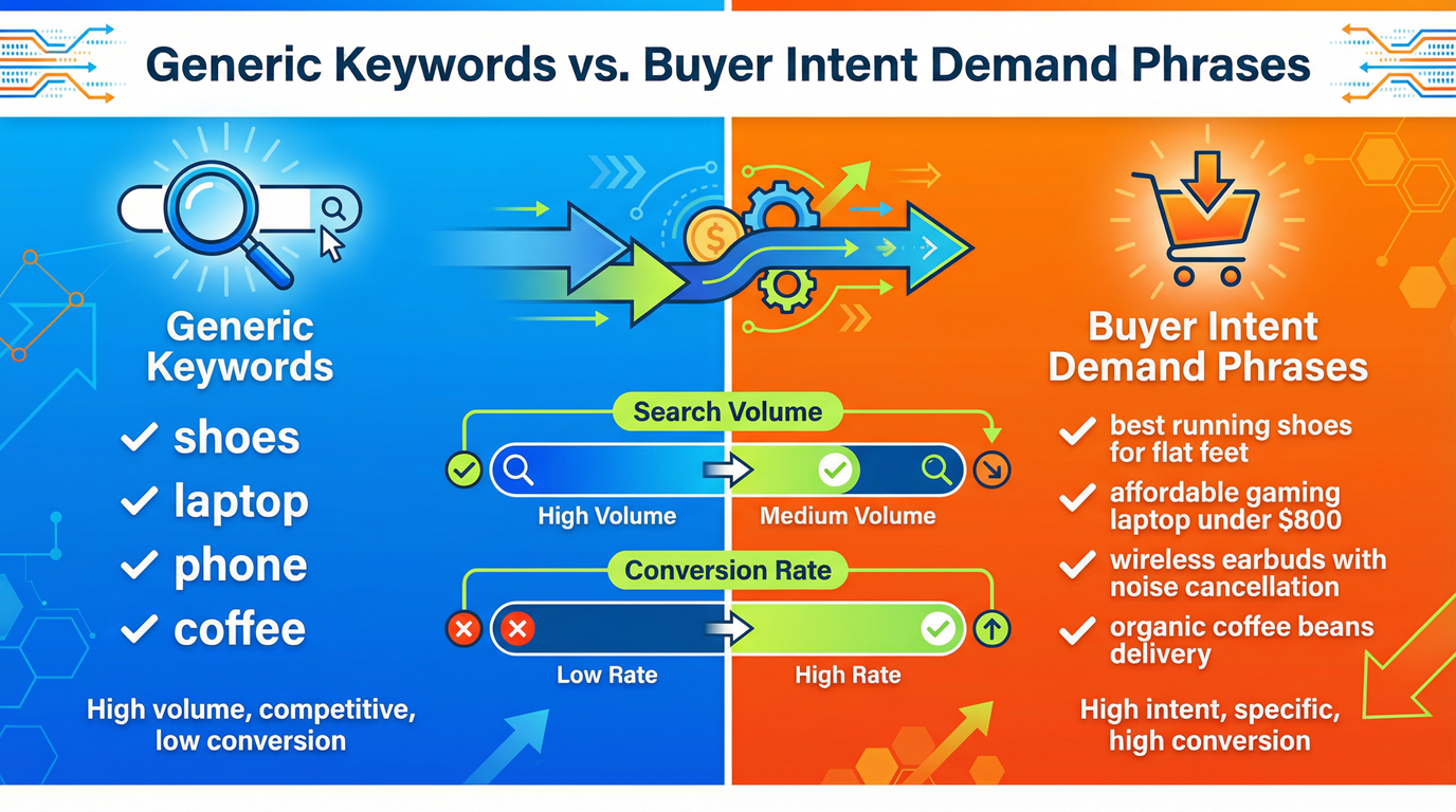 Infographic comparing generic keywords vs. buyer intent demand phrases.