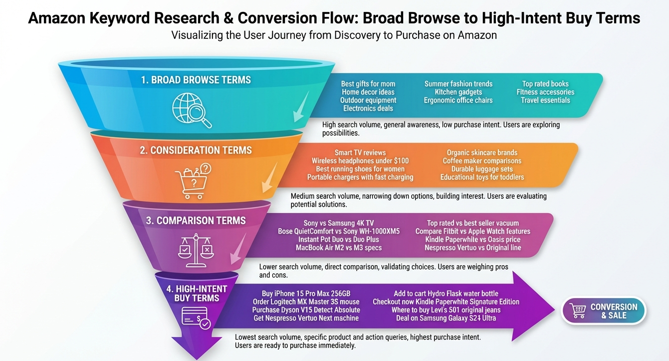 A funnel diagram showing the transition from broad browse terms to high-intent buy terms for Amazon PPC.