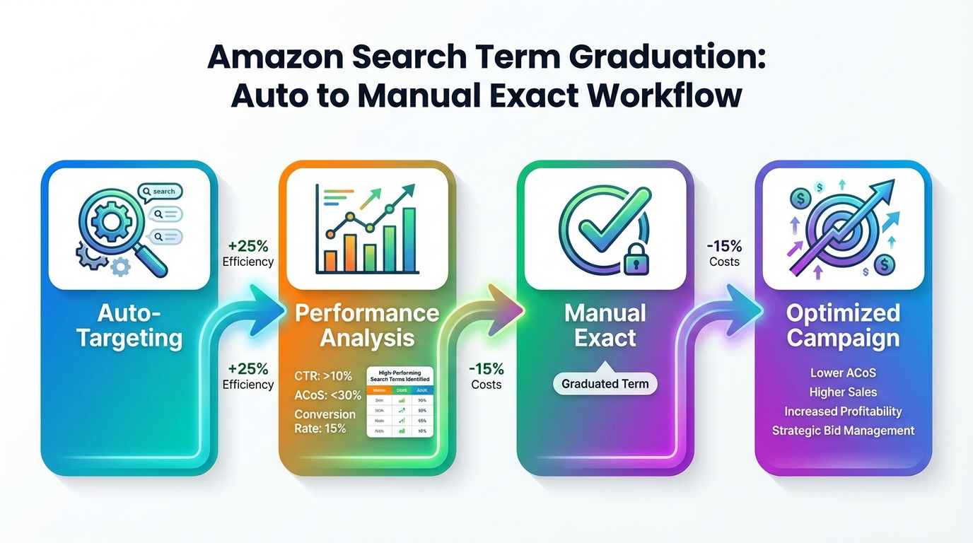 A workflow chart showing the 'Graduation' of an Amazon search term from Auto to Manual Exact.