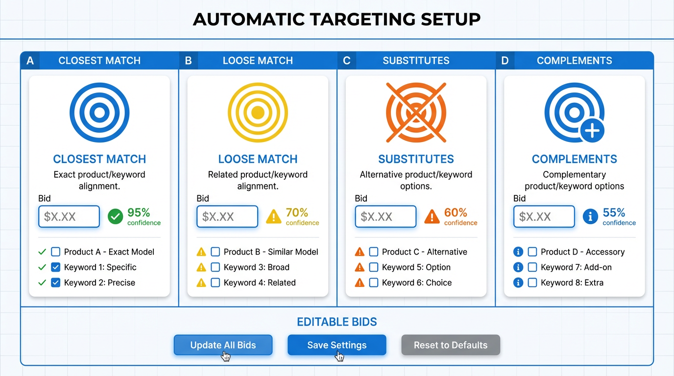 Sponsored Products automatic targeting groups with bid settings in Amazon Ads campaign setup