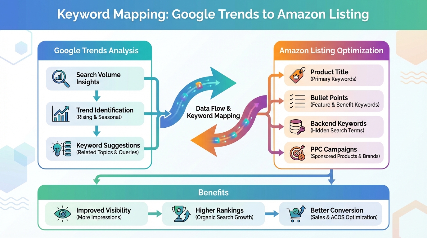 Workflow for applying Google Trends keyword data to Amazon SEO and PPC.