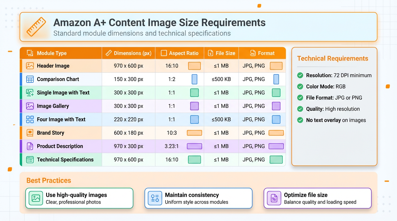 Amazon A+ Content image size requirements chart