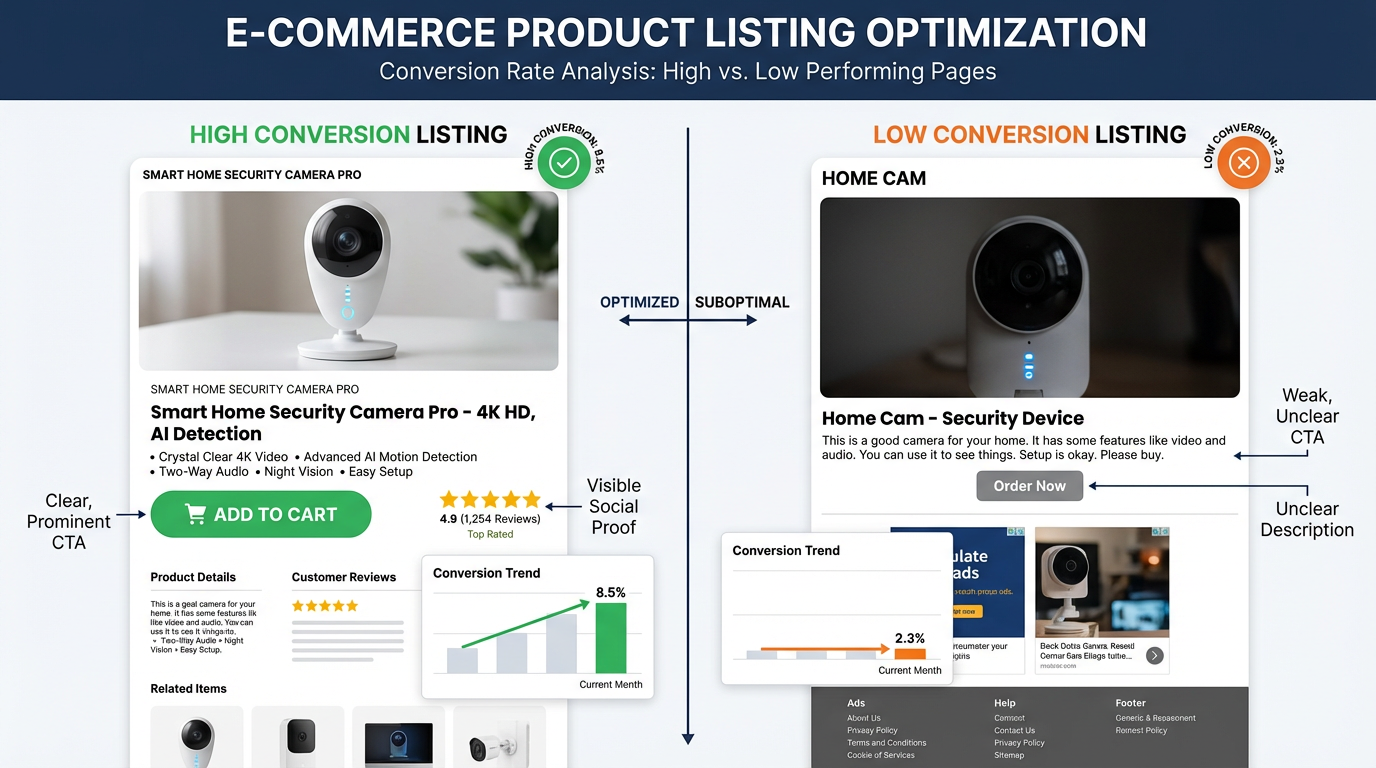 Amazon conversion rate analytics showing high vs low performing listings