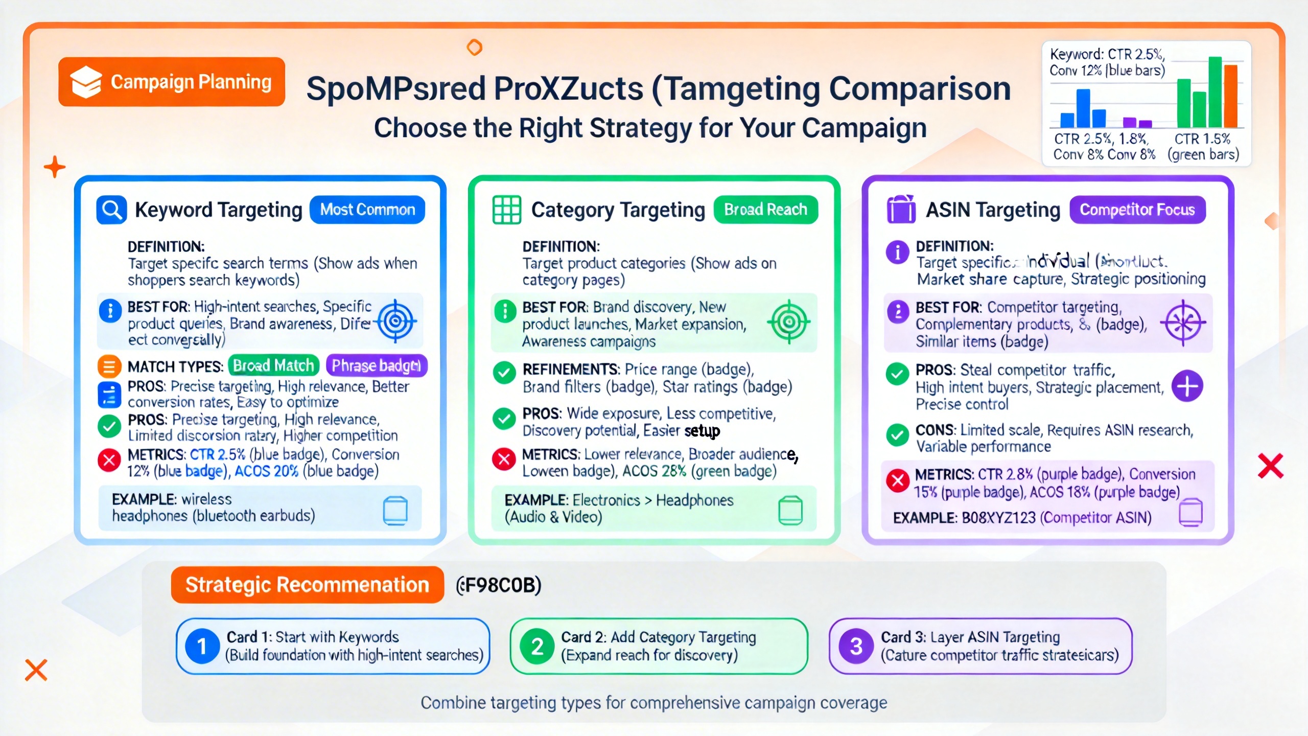 Comparison of Amazon keyword targeting, category targeting, and ASIN targeting for Sponsored Products campaign planning