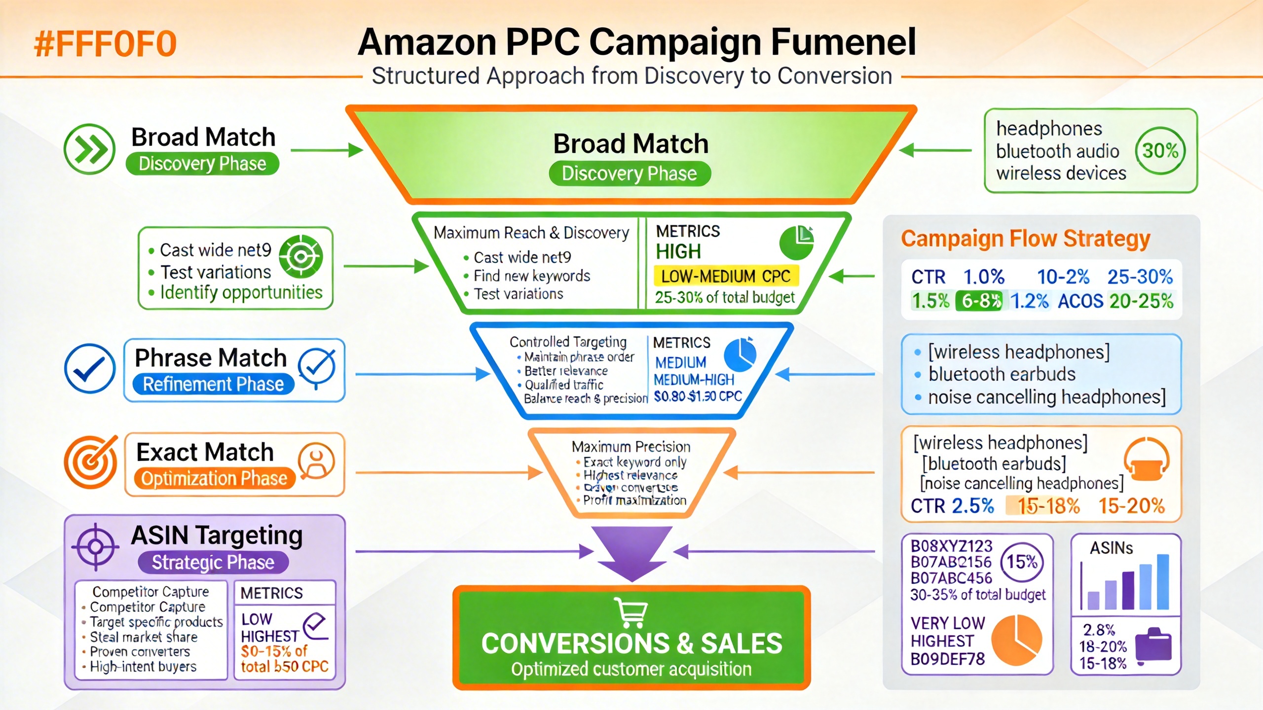 Amazon PPC funnel showing broad match, phrase match, exact match, and ASIN targeting roles in a structured campaign setup