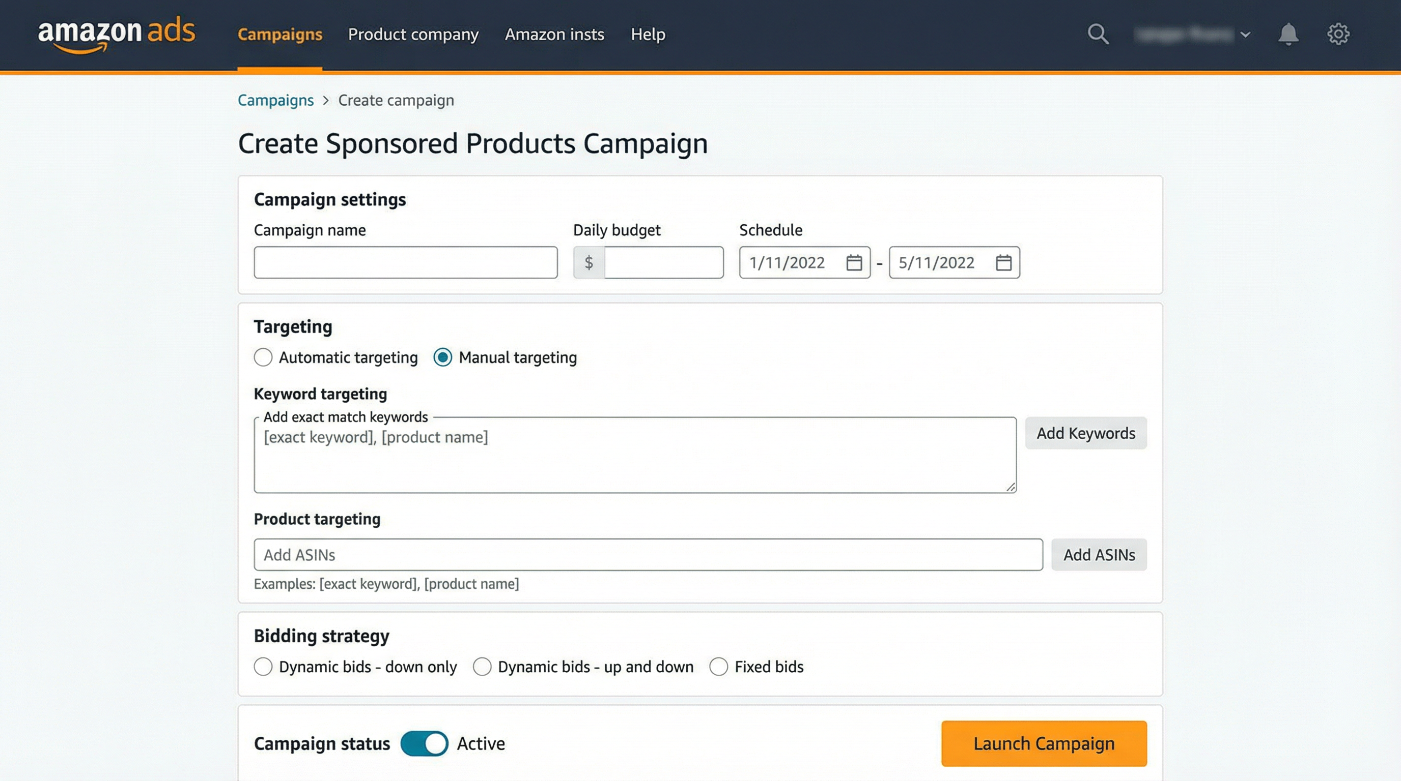 Amazon Ads Console screen for creating a Sponsored Products exact match campaign