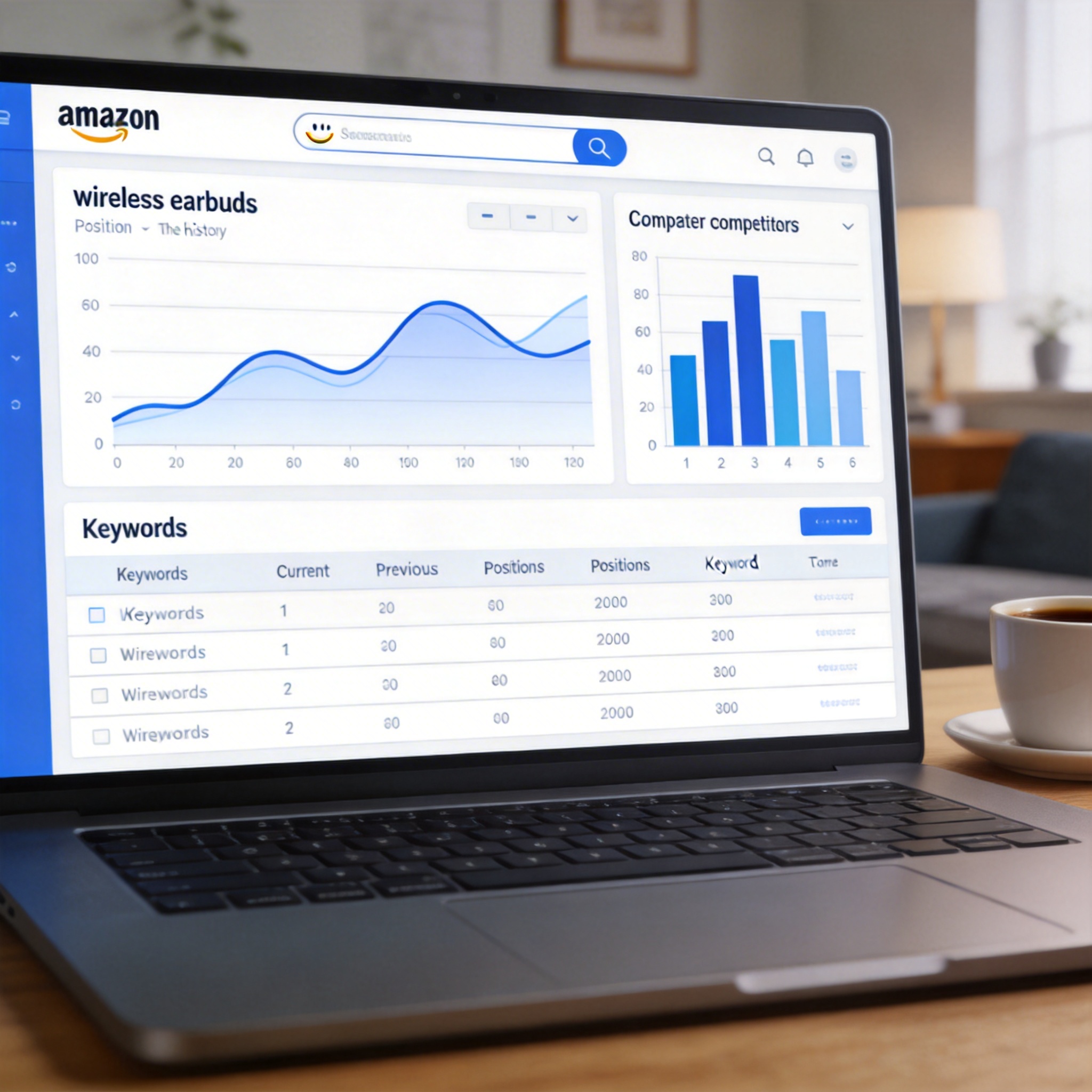  Amazon keyword rank tracker dashboard showing position history for "wireless earbuds"