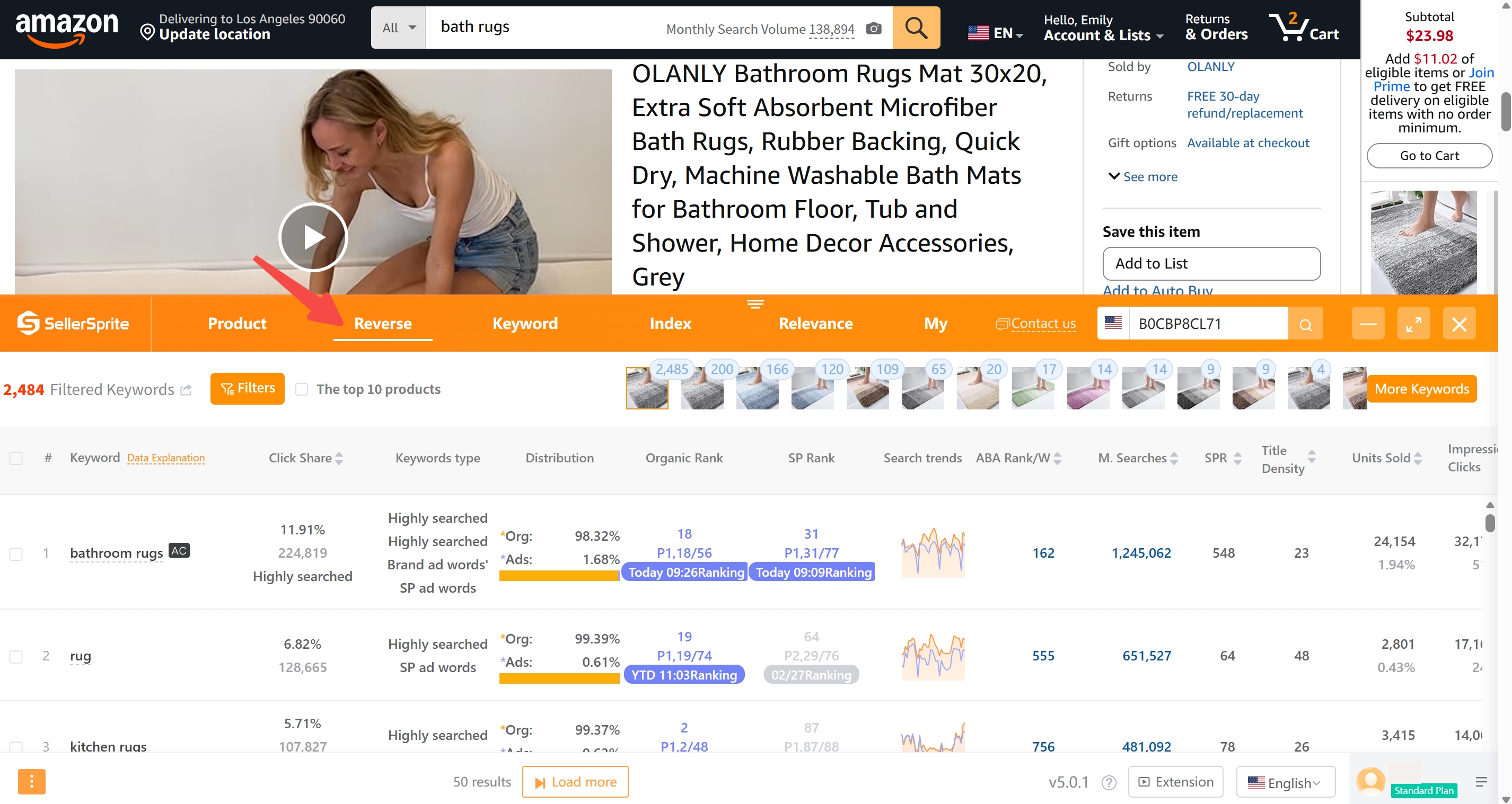 A screenshot of SellerSprite Reverse ASIN analysis reveals competitor keyword data and traffic insights