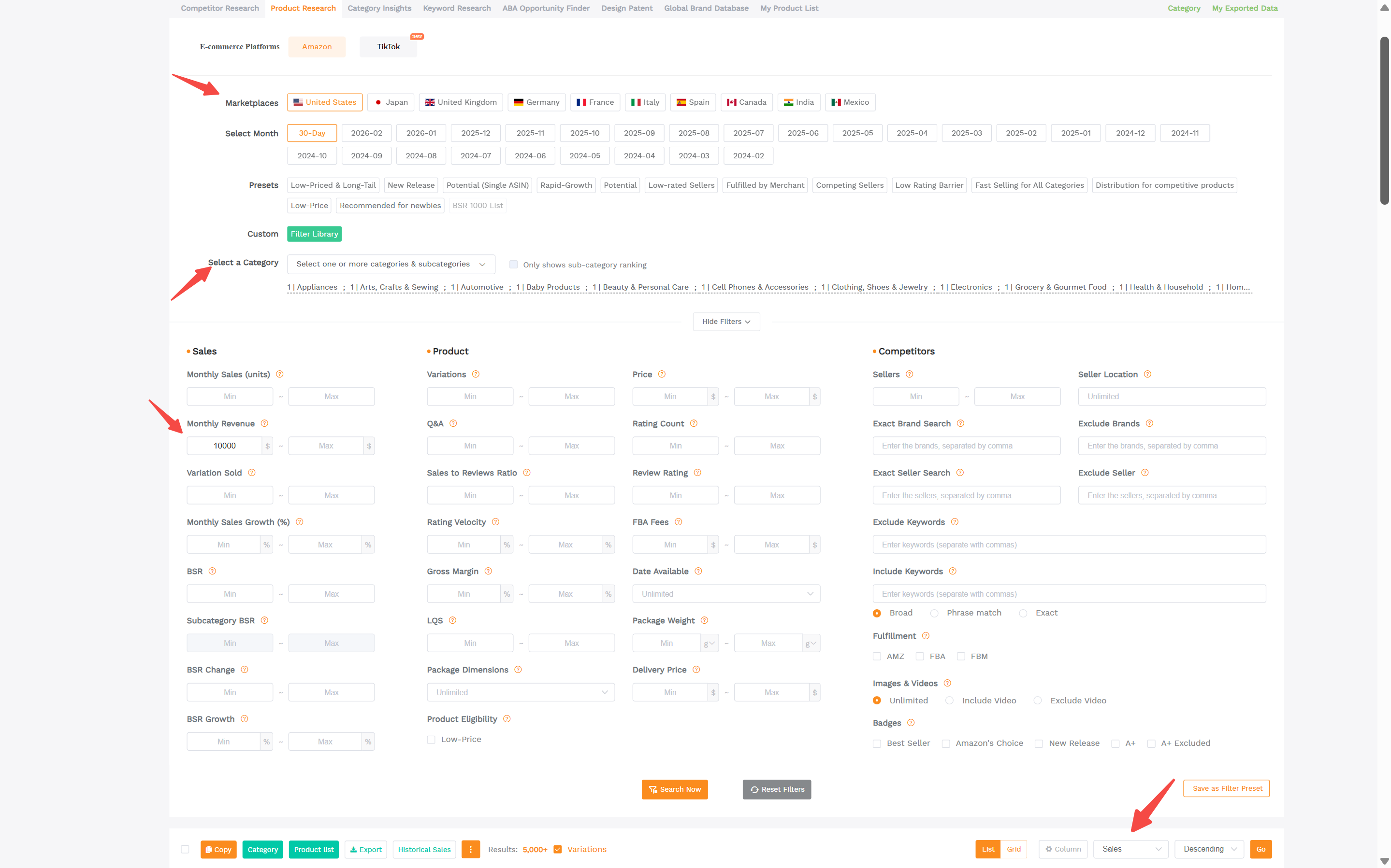 SellerSprite Product Research showing filtered high-revenue products with sales estimates