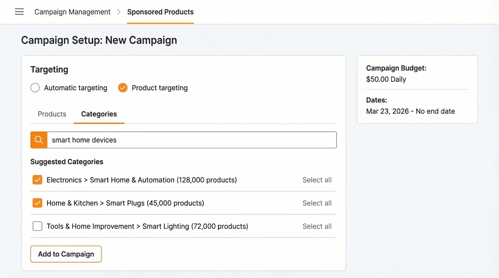 UI style illustration of setting up the Sponsored Products category targeting by searching and selecting relevant categories.