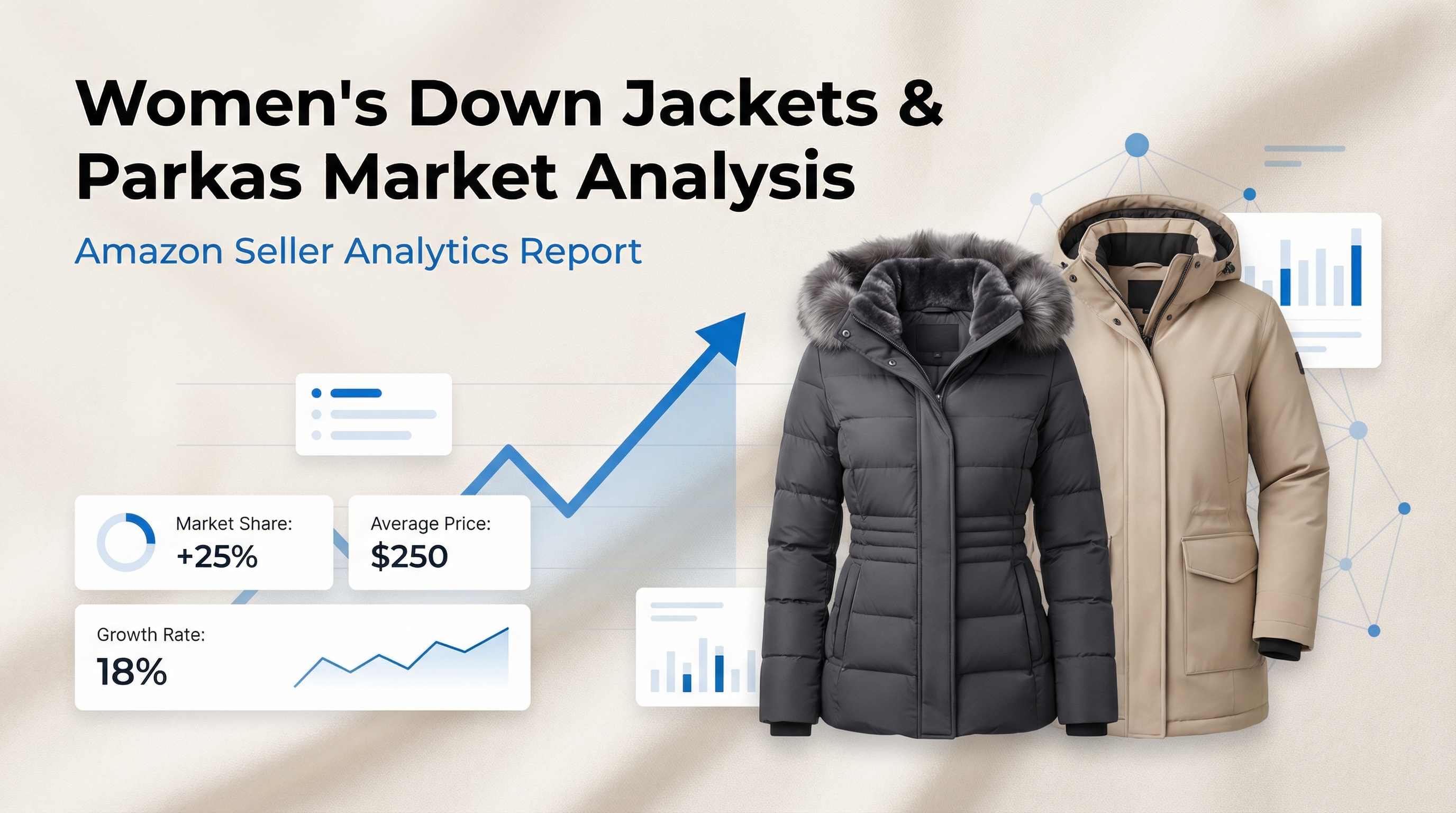 Women's down jackets and parkas market analysis cover with two winter coats and Amazon seller analytics charts.