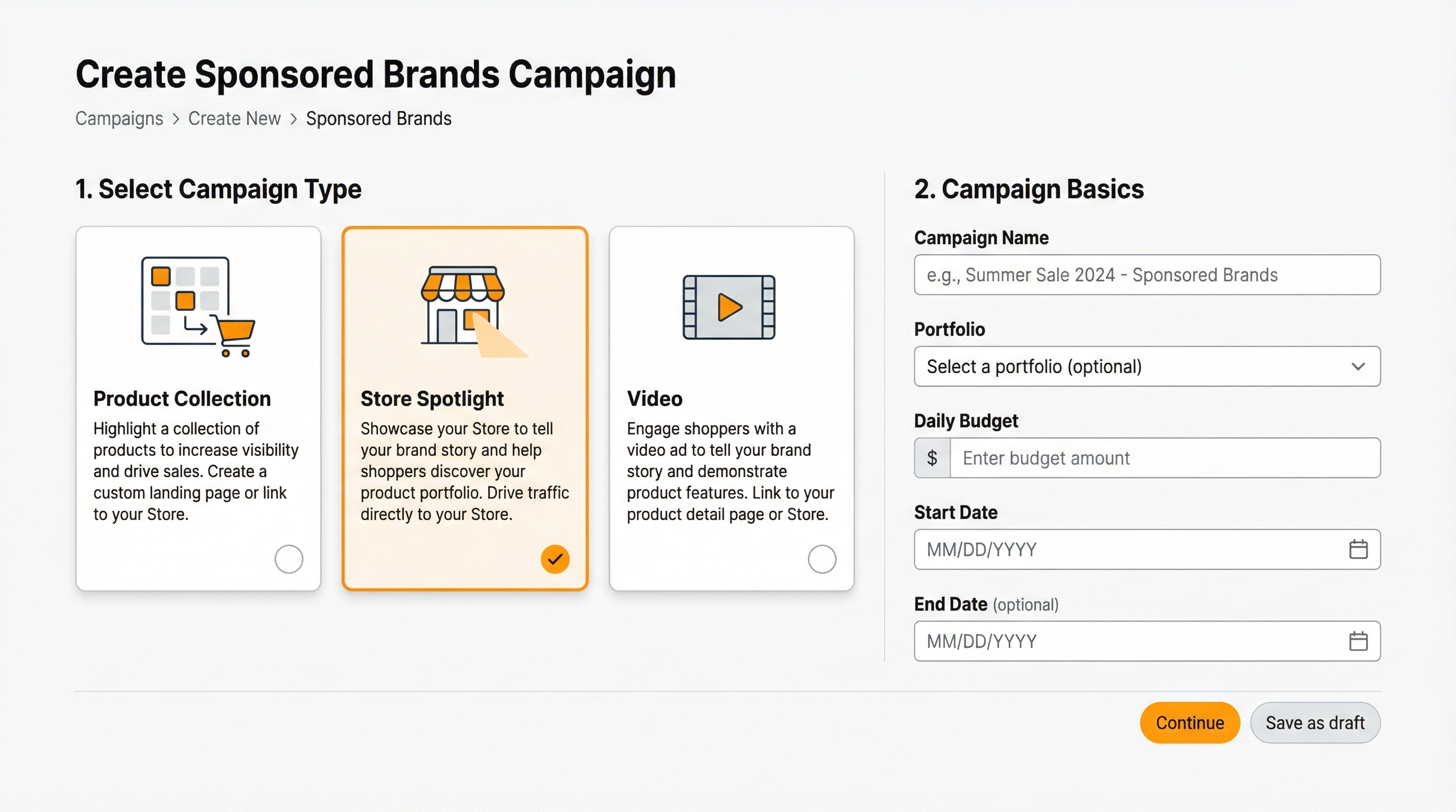 Amazon Ads Sponsored Brands campaign creation screen with format selection and campaign settings