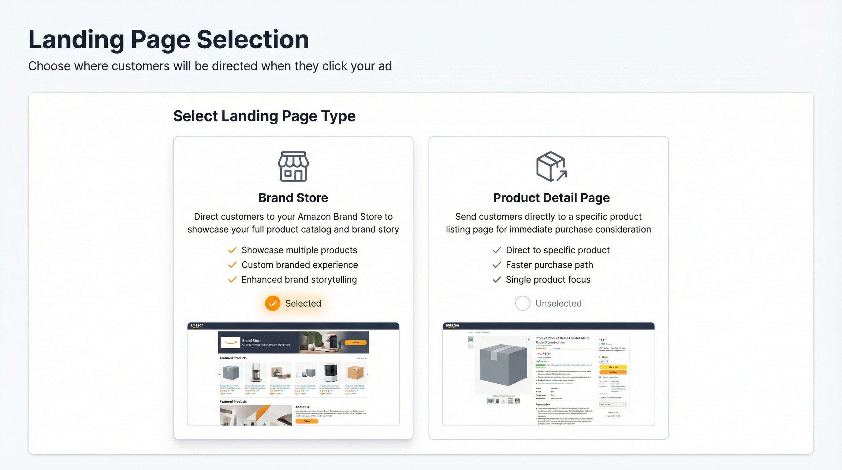 Sponsored Brands landing page setup screen showing Brand Store and product page destination options