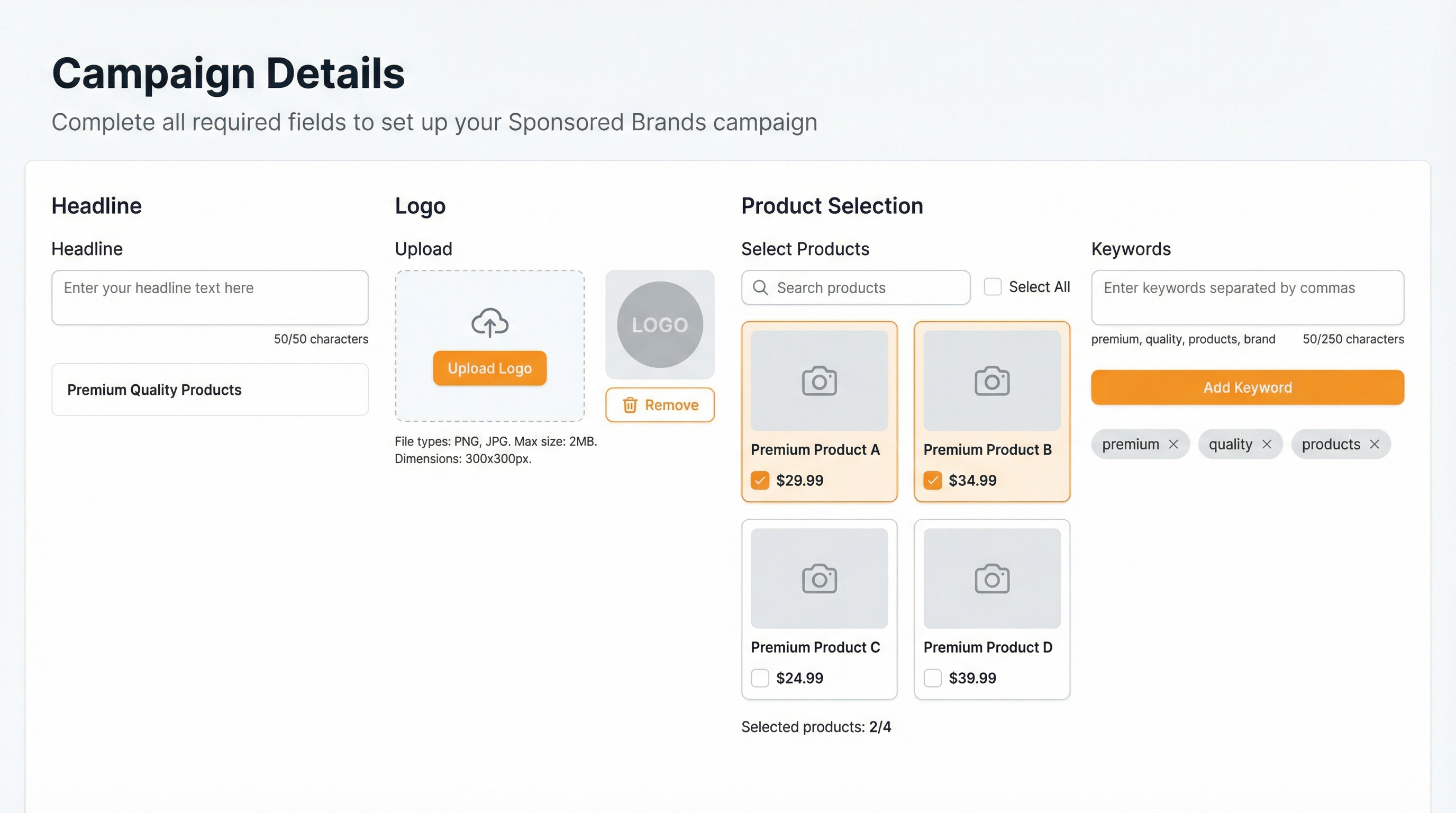 Sponsored Brands ad creative setup showing headline logo product selection and keyword targeting
