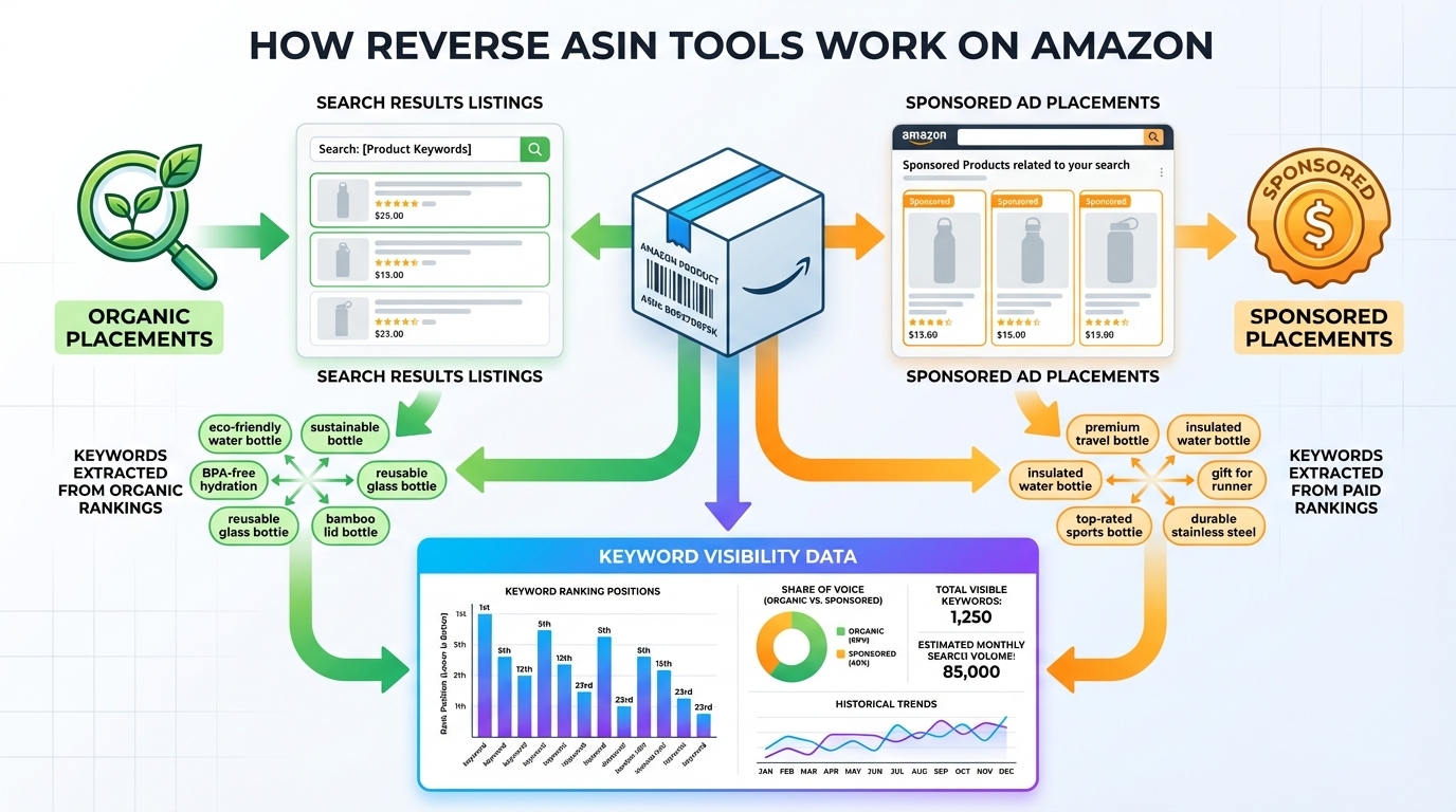 Diagram showing how reverse ASIN tools infer keyword visibility from organic and sponsored placements.