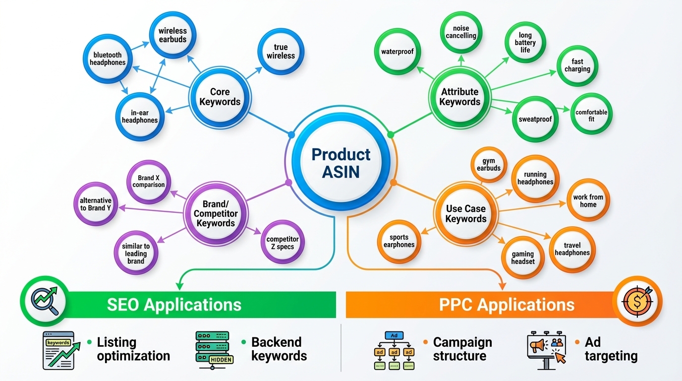 Example keyword cluster map showing SEO and PPC applications