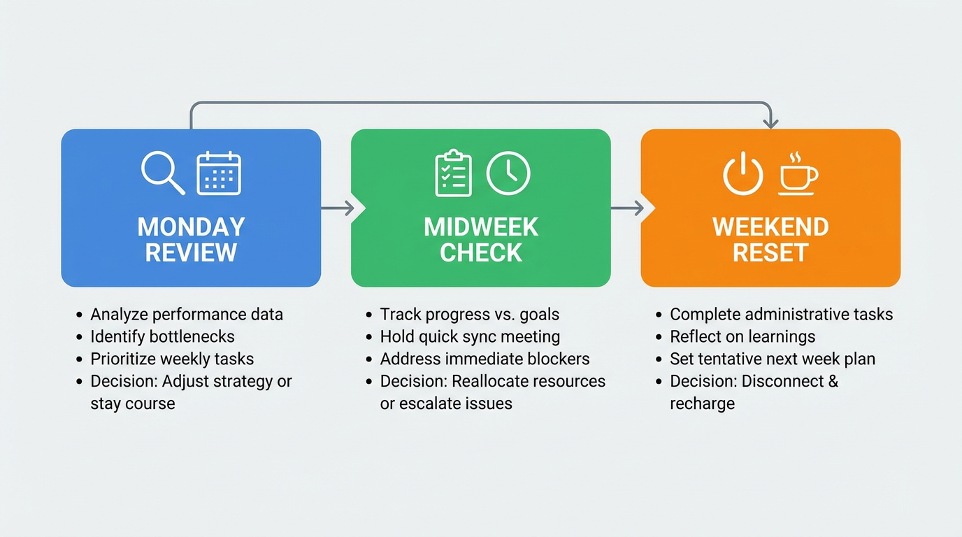 Weekly PPC optimization workflow showing Monday review midweek check and weekend reset tasks for Amazon ads