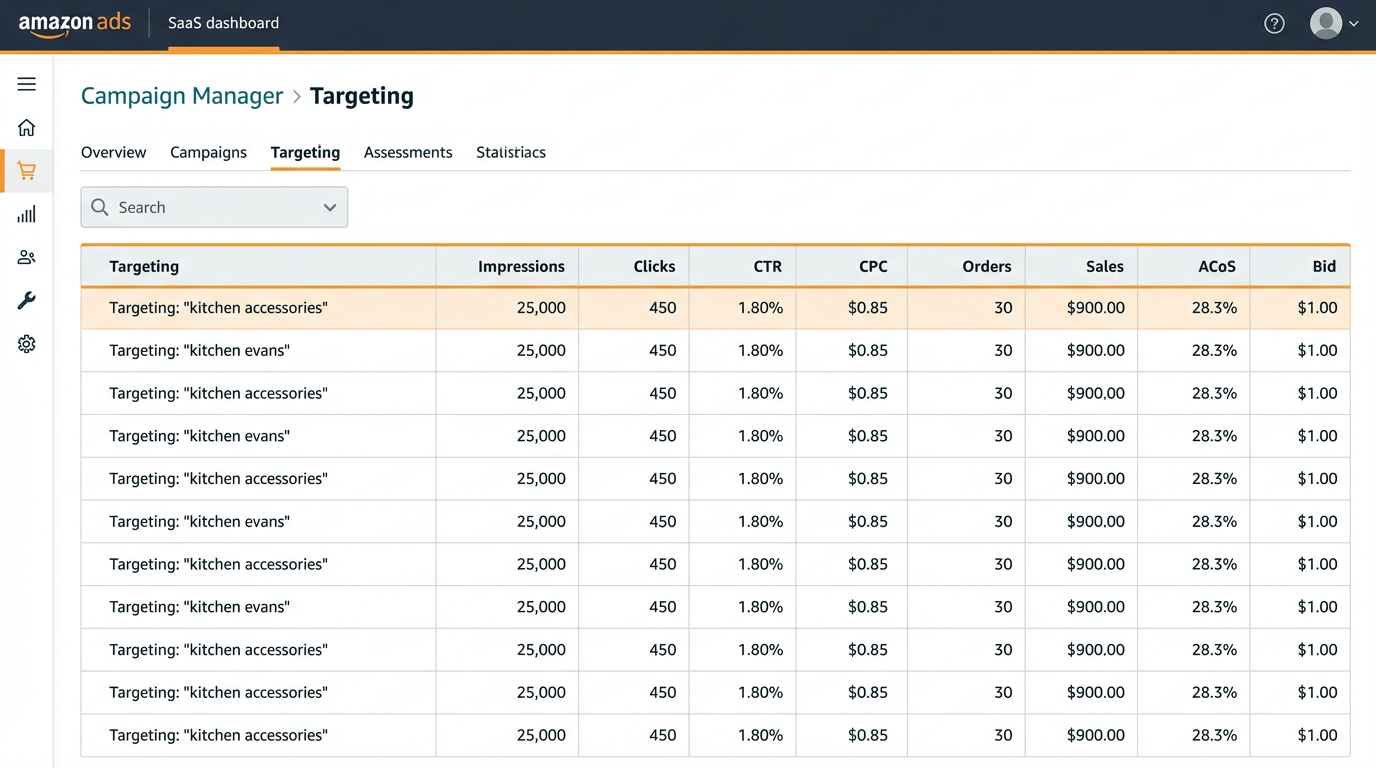 Amazon Campaign Manager targeting view with weekly PPC optimization metrics and sortable columns