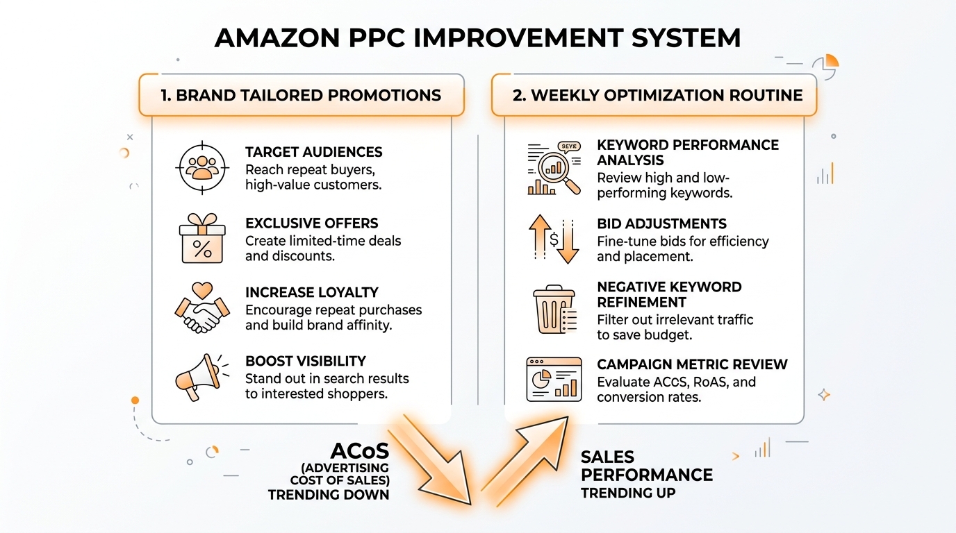 Infographic showing a two-part Amazon PPC system with Brand Tailored Promotions and a weekly optimization routine.