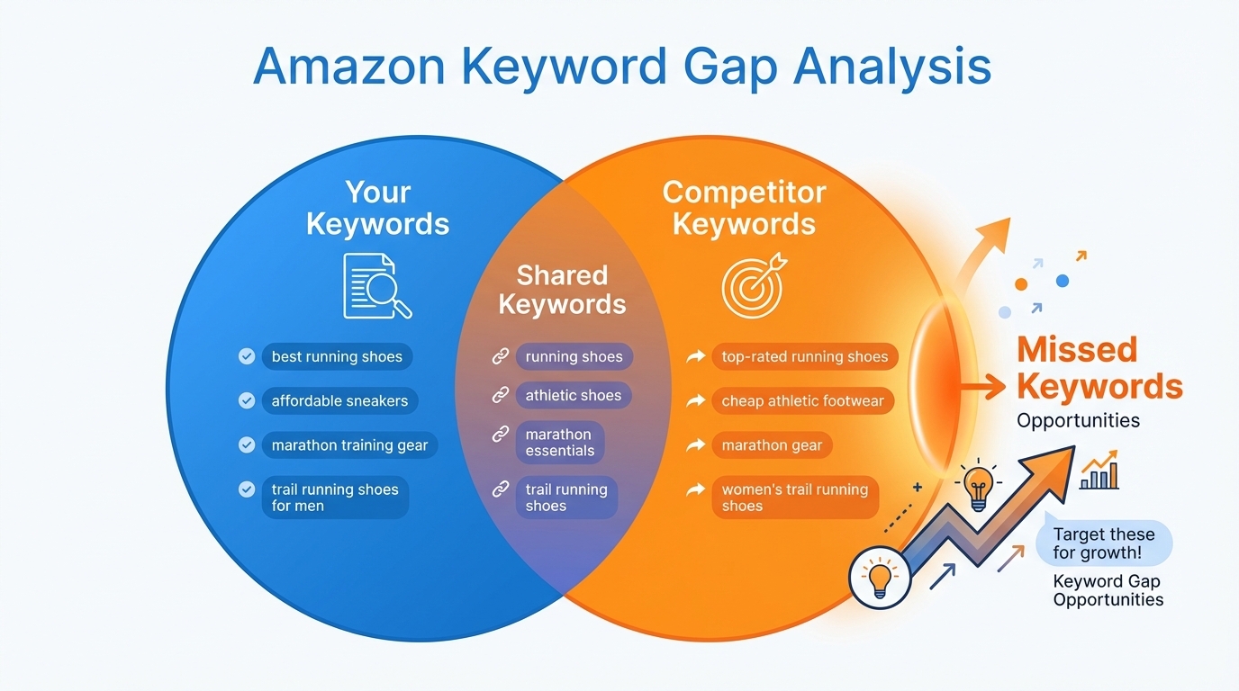 Visual explanation of Amazon keyword gap analysis showing missed opportunities