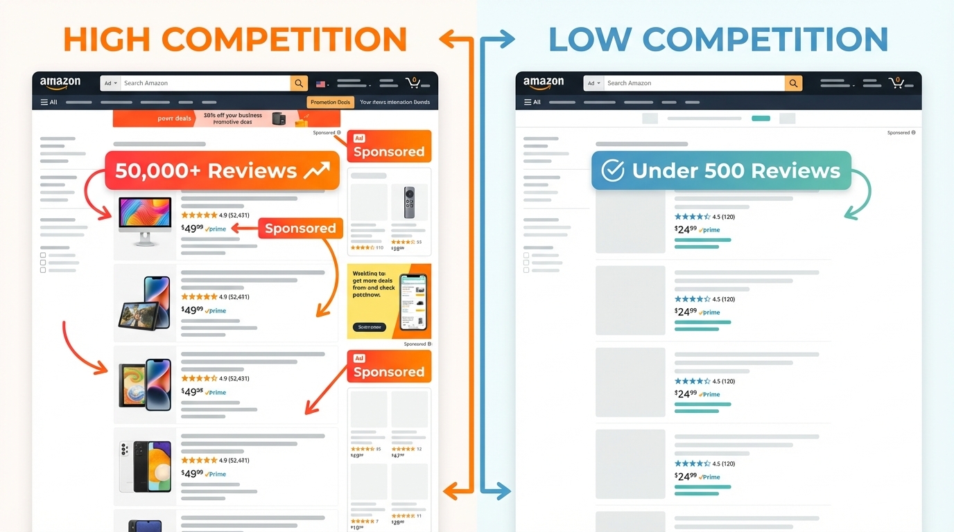 High vs. low competition Amazon SERP comparison