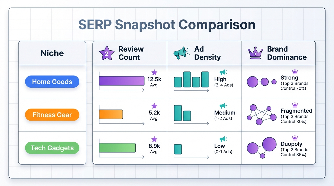 SERP snapshot comparison for Amazon niche analysis