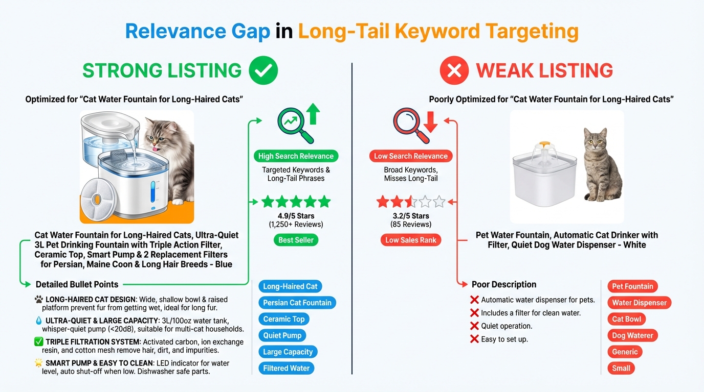 Relevance gap in Amazon long-tail keyword targeting