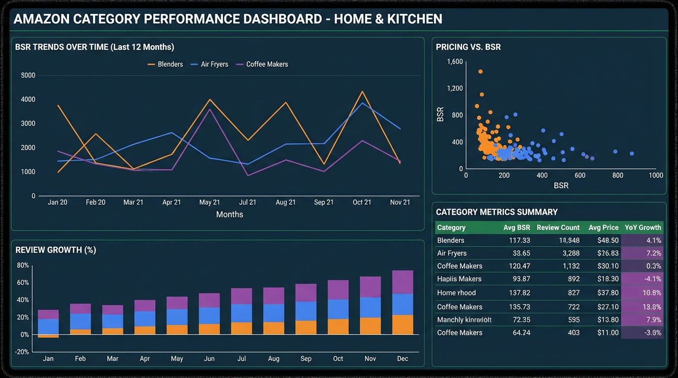 Amazon category analysis dashboard with key performance indicators