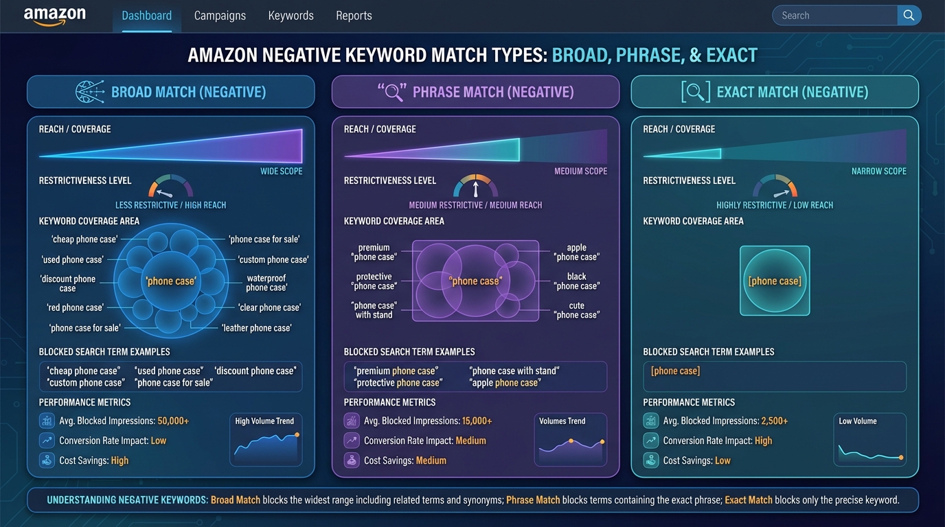 Negative Keywords Guide: Reducing Wasted Ad Spend – Amazon Negative Match Type Comparison