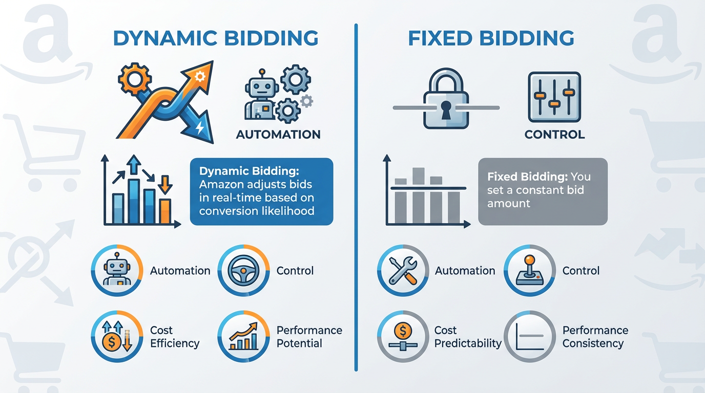 Amazon PPC Bidding Strategies: Dynamic vs. Fixed infographic