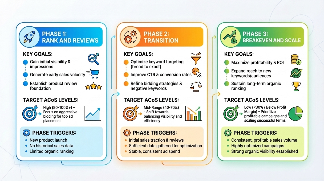 Infographic showing a three-phase Amazon PPC launch framework with goals, target ACoS levels, and phase triggers.