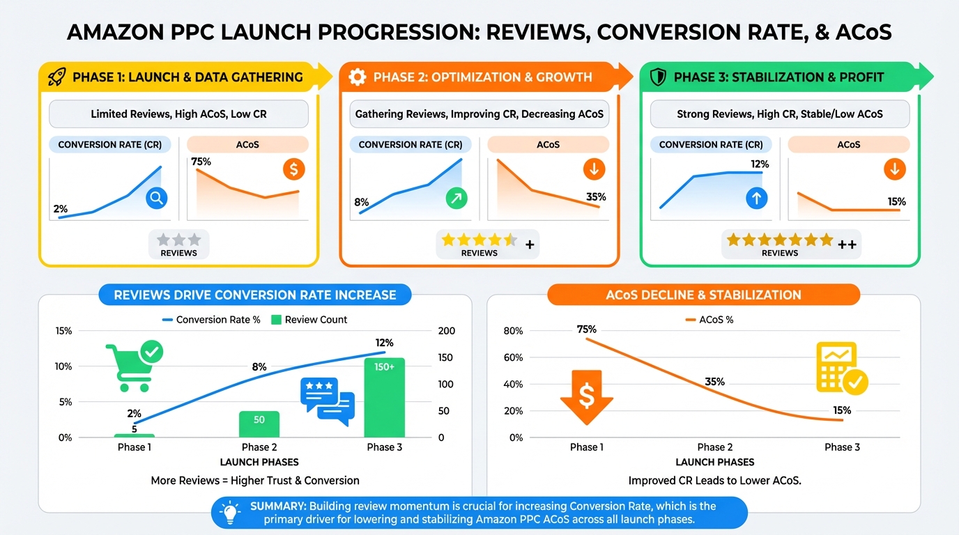 Chart illustrating that conversion rate rises as reviews increase and ACoS declines across the three Amazon PPC launch phases.
