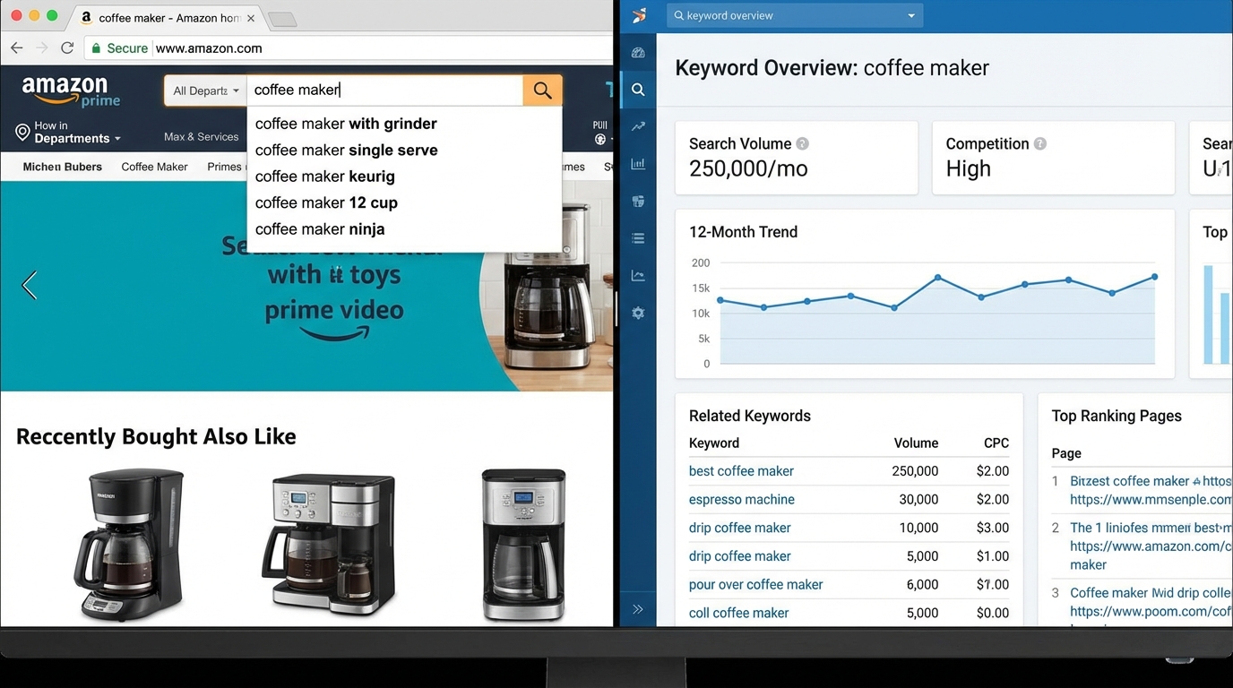 Amazon keyword research tools analyzing search volume and competition for product listings