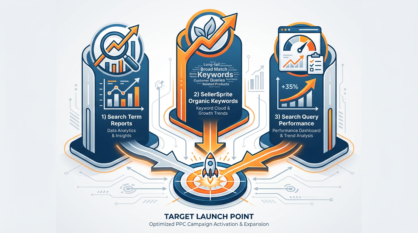 Diagram of a 3-signal Amazon PPC keyword expansion framework using search terms, SellerSprite organic keywords, and Search Query Performance to prioritize and launch new PPC targets.
