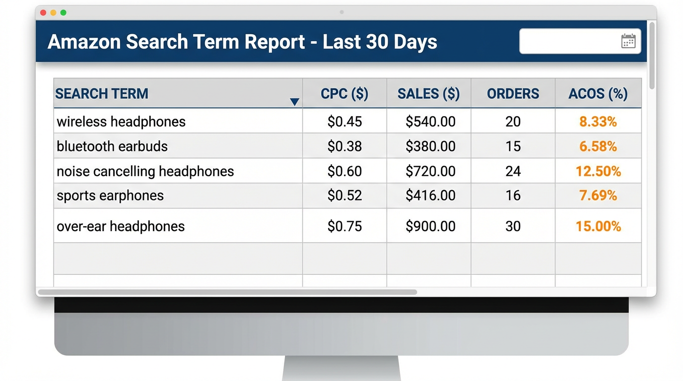 Amazon Search Term Report example highlighting search term, CPC, sales, orders, and ACOS fields for PPC keyword expansion analysis.