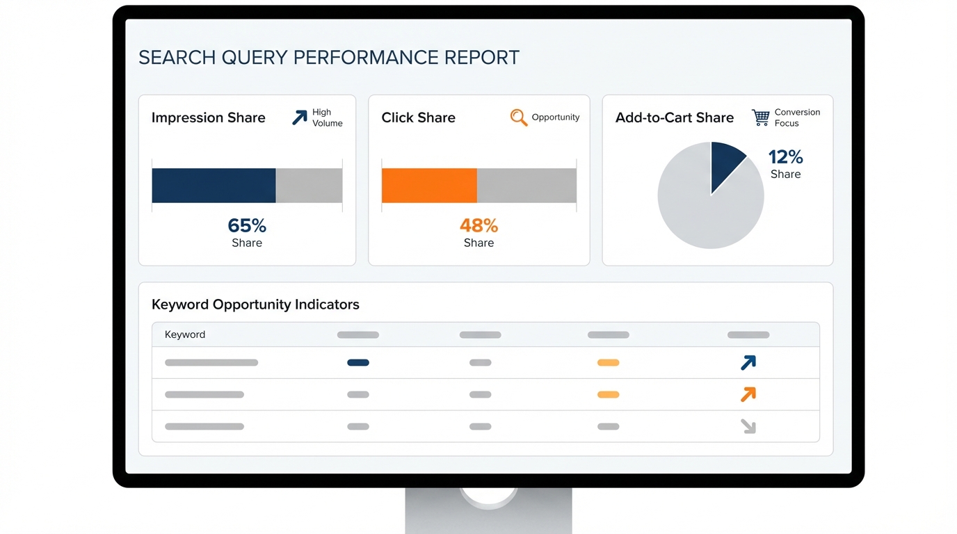 Amazon Search Query Performance report showing impression share, click share, and add-to-cart share to identify underexposed PPC keyword opportunities.