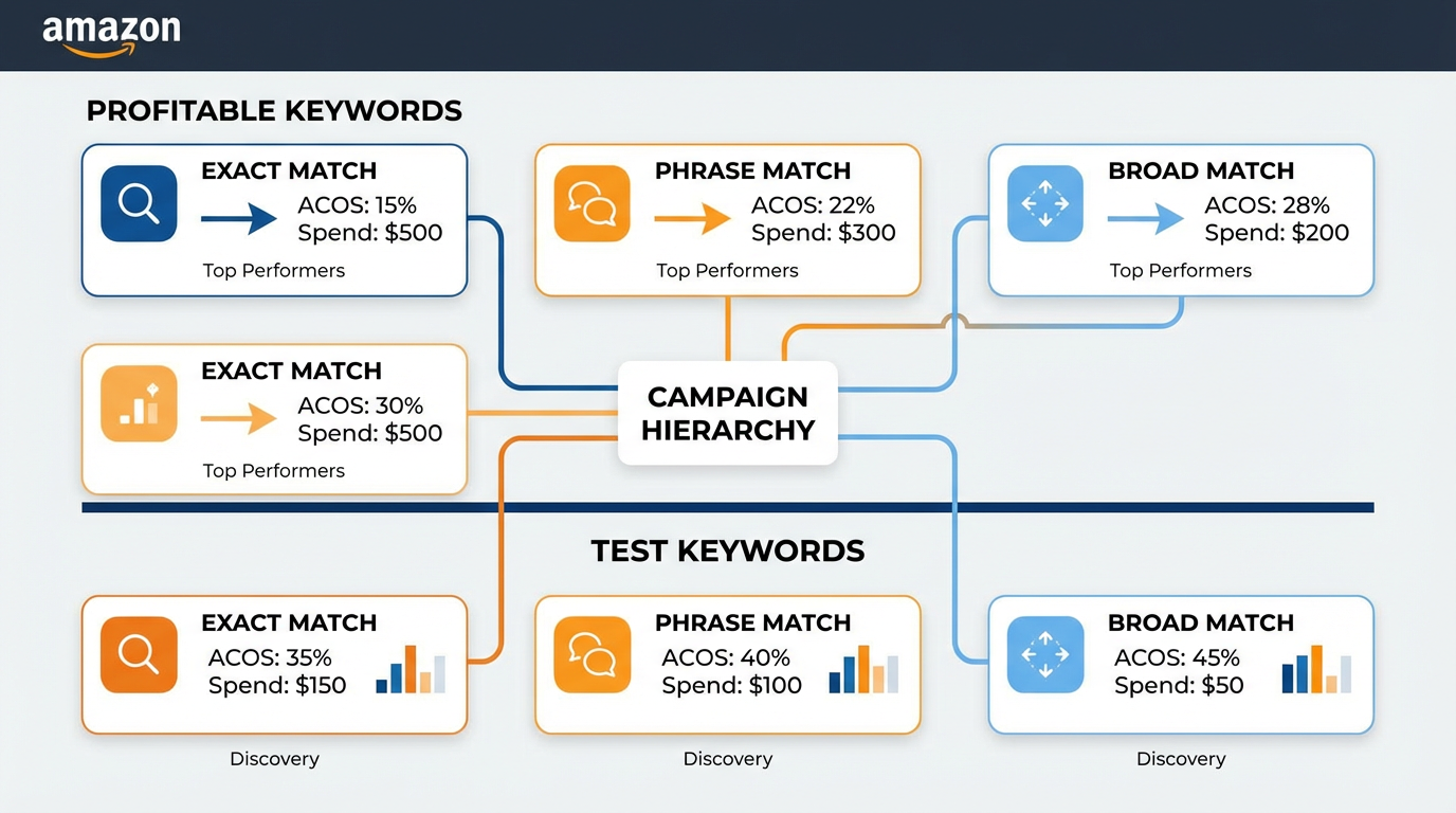 Amazon PPC campaign structure example showing exact, phrase, and broad keyword expansion campaigns separated by profitable and test keywords.