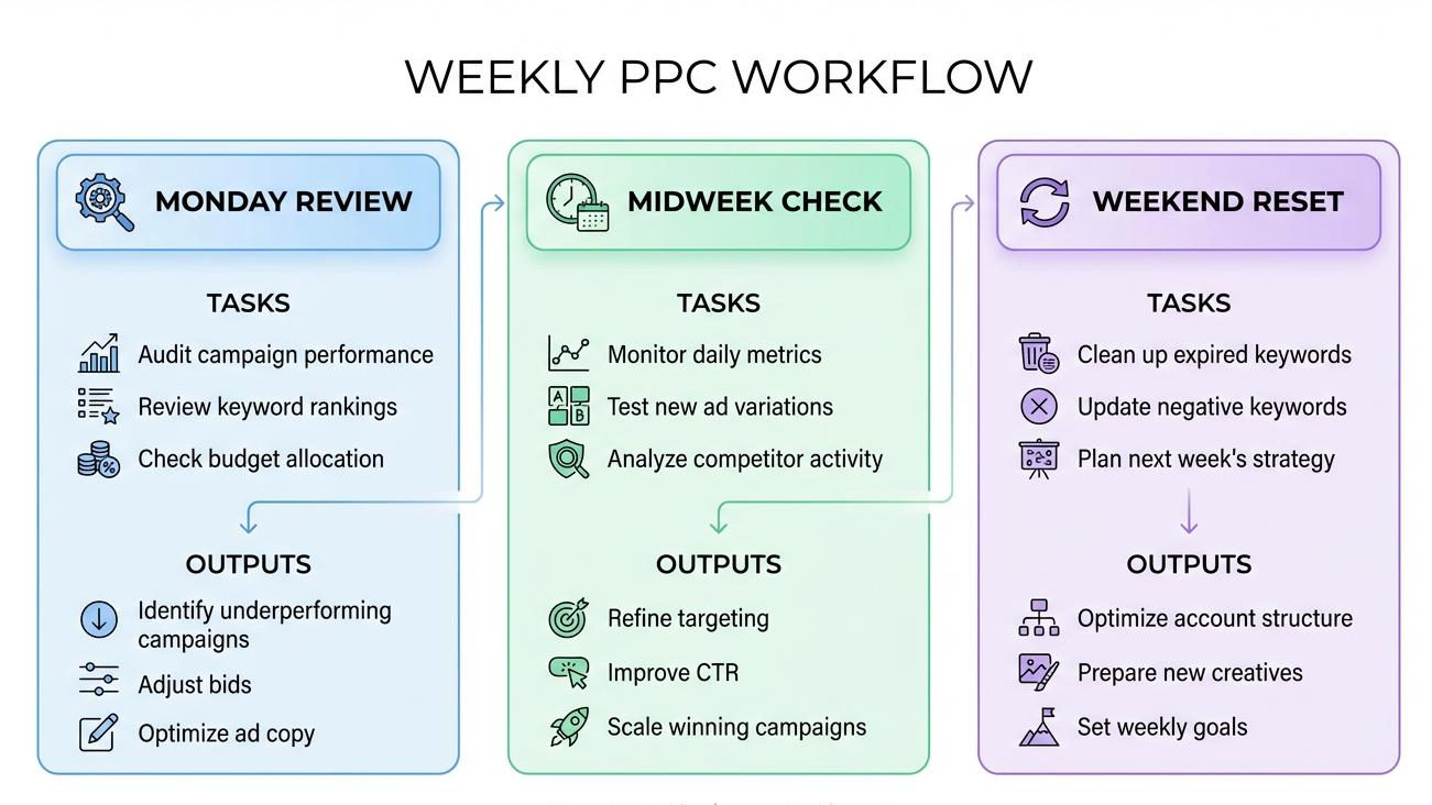 Weekly PPC optimization workflow in Campaign Manager showing Monday review midweek check and weekend reset