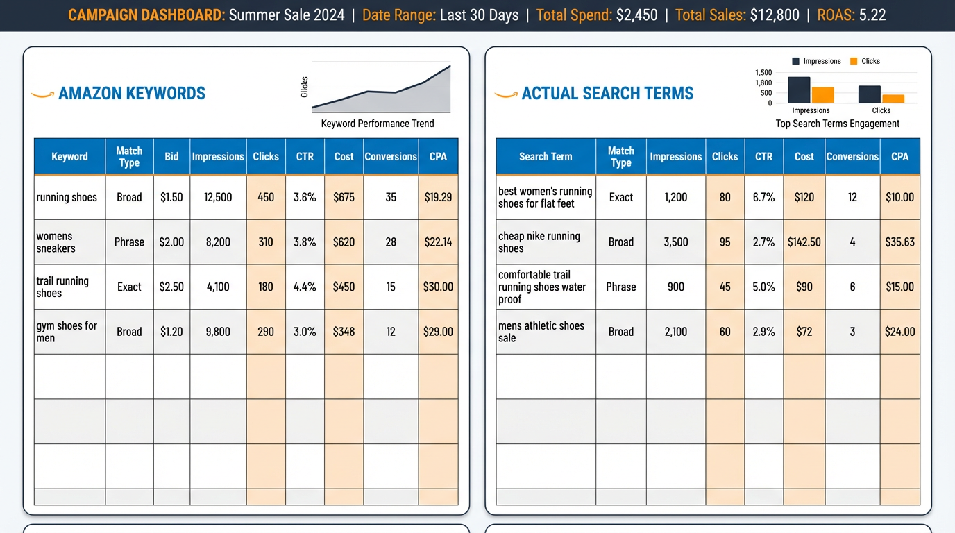 Amazon PPC keyword vs. search term example in advertising dashboard