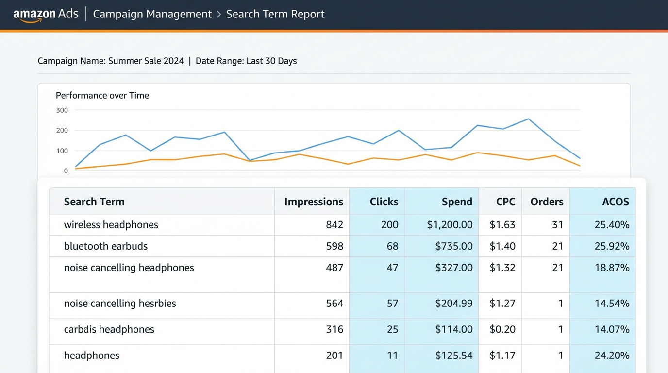 Amazon search term report dashboard with performance metrics