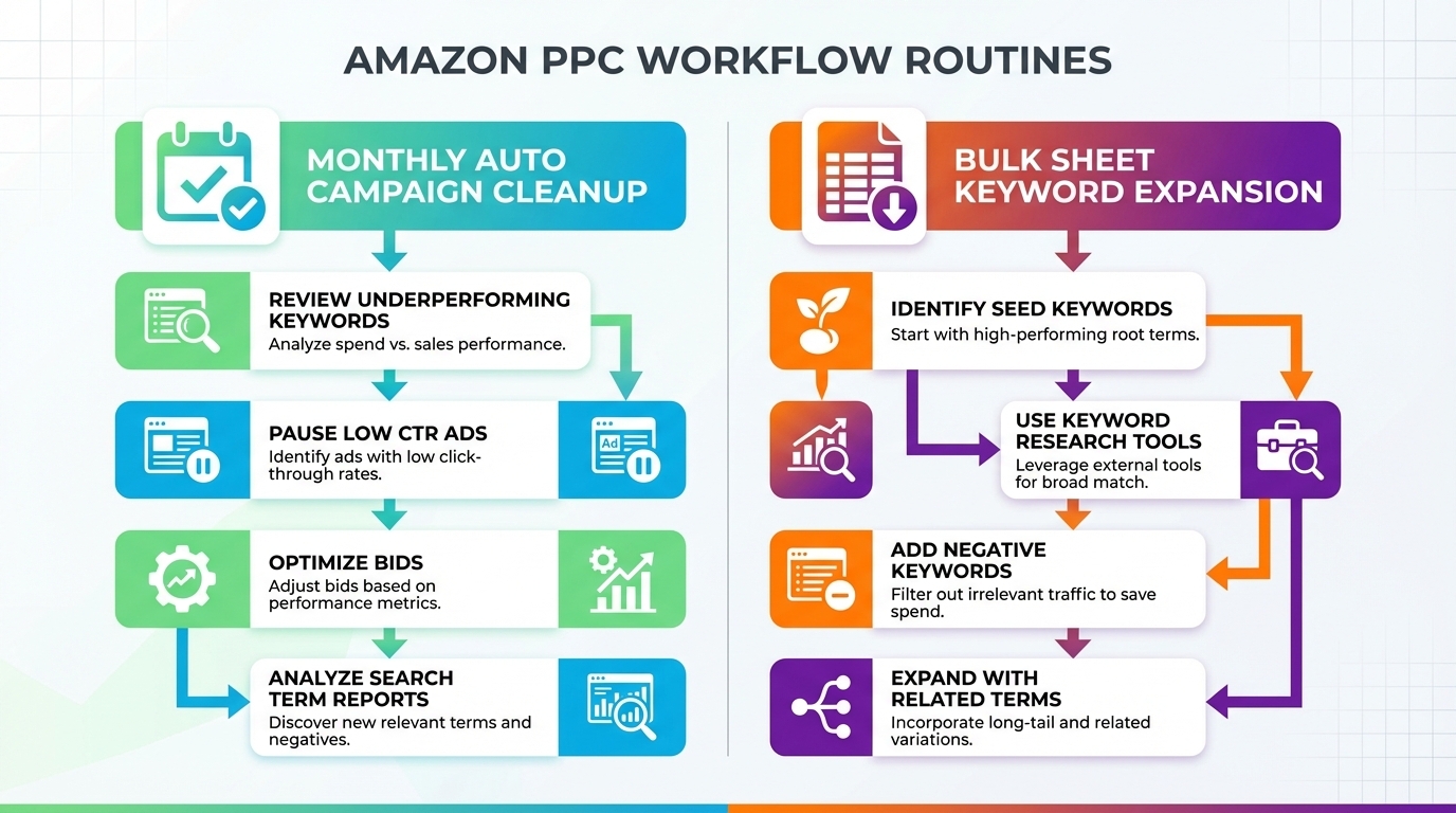 Infographic showing a monthly Amazon auto campaign cleanup routine and a bulk sheet keyword expansion workflow.