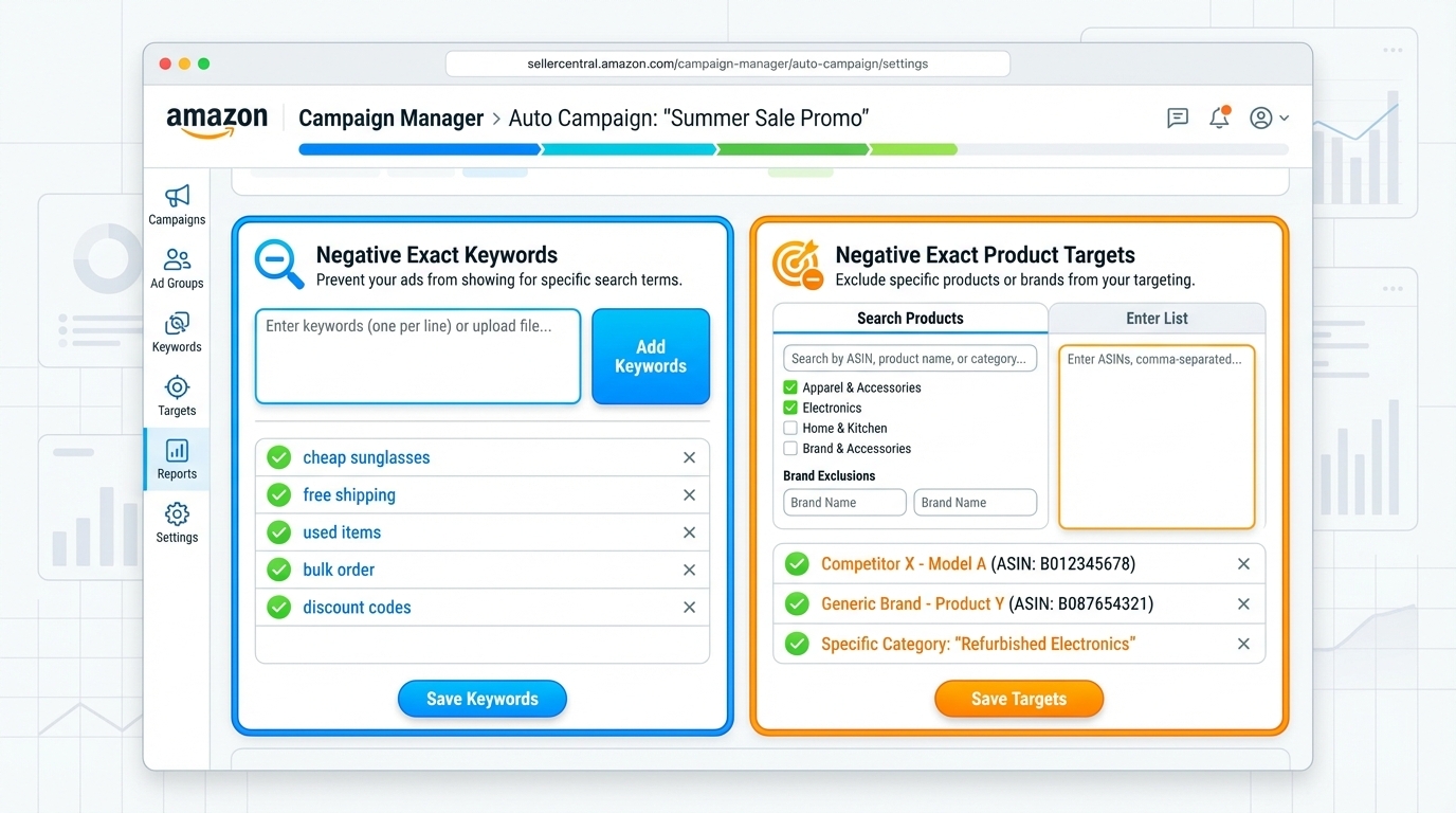 Screenshot-style Amazon Campaign Manager showing how to add negative exact keywords and negative exact product targets to an auto campaign.