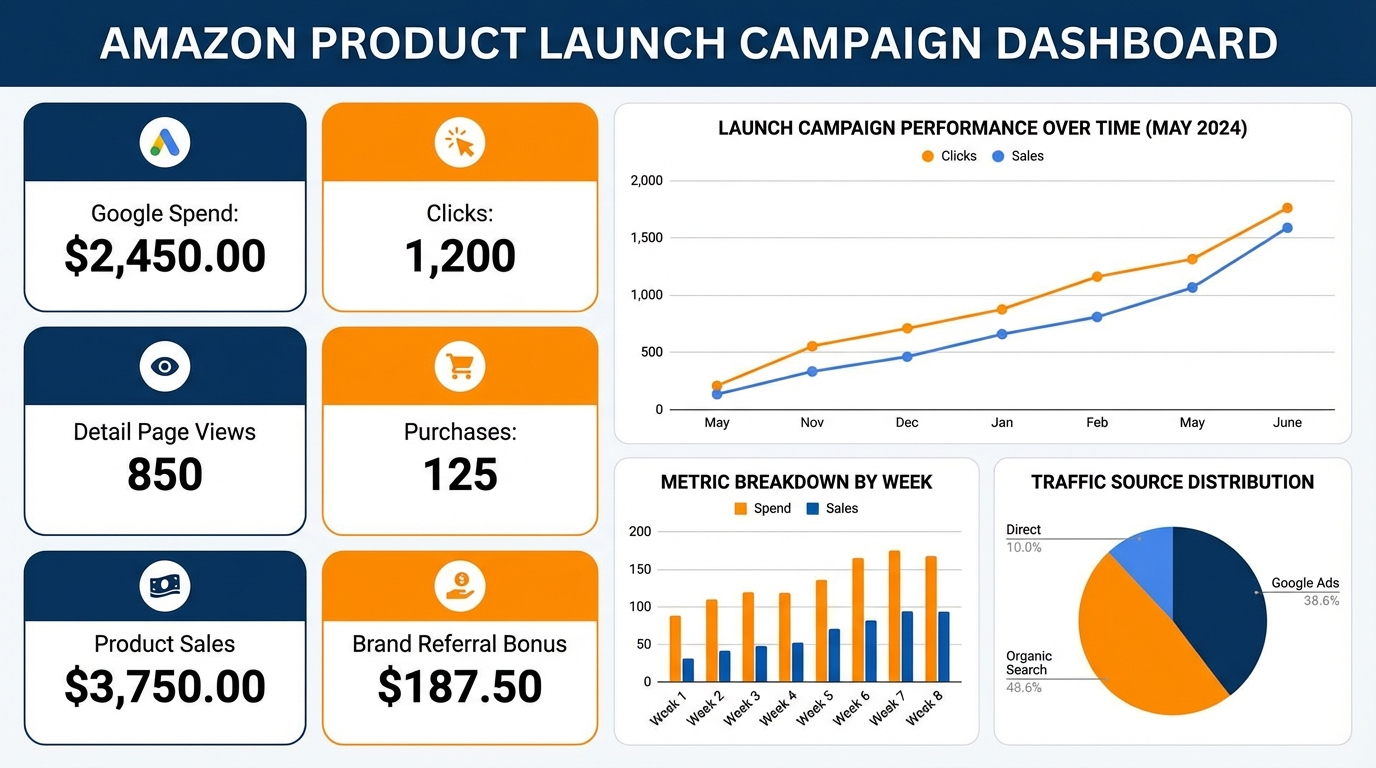 Launch performance dashboard showing Google spend, clicks, detail page views, purchases, product sales, and Brand Referral Bonus credit for an Amazon launch campaign.