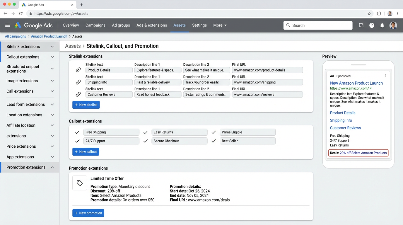 Google Ads asset setup screen showing sitelinks, callouts, and a promotion asset for an Amazon product launch campaign.