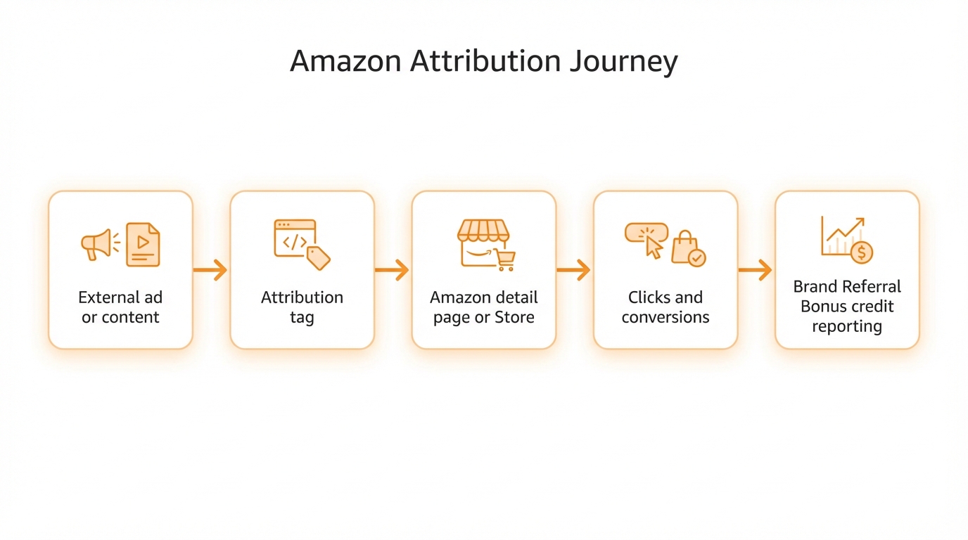 Flowchart showing how Amazon Attribution tracks external traffic and how Brand Referral Bonus is earned