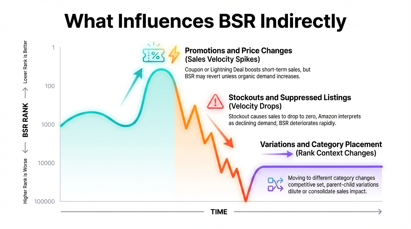 Amazon BSR trend showing impact of promotions and stockouts